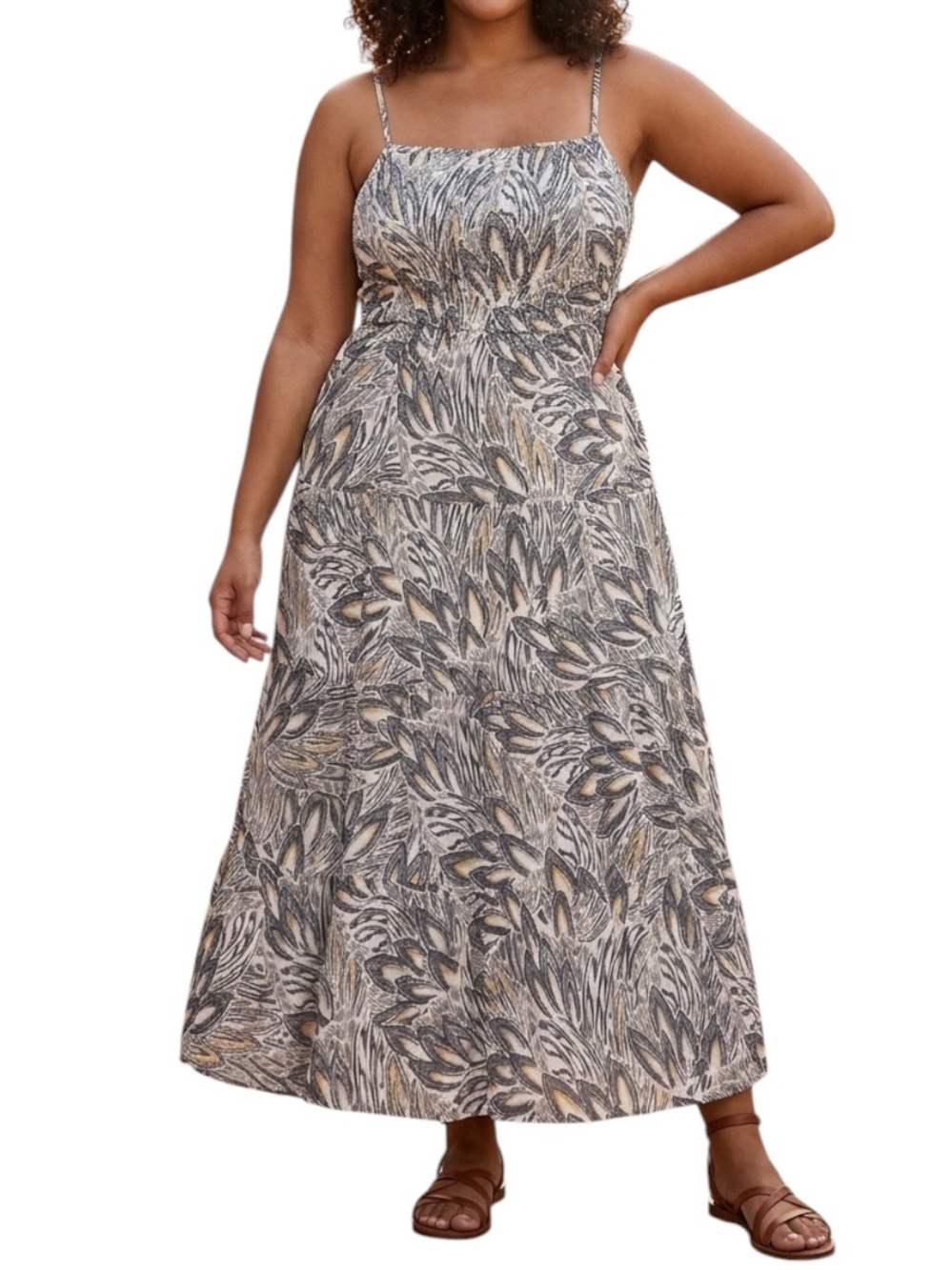 Stella & Julie Women’s Size 14 W Straps Maxi Sundress Gray Tropical Printed